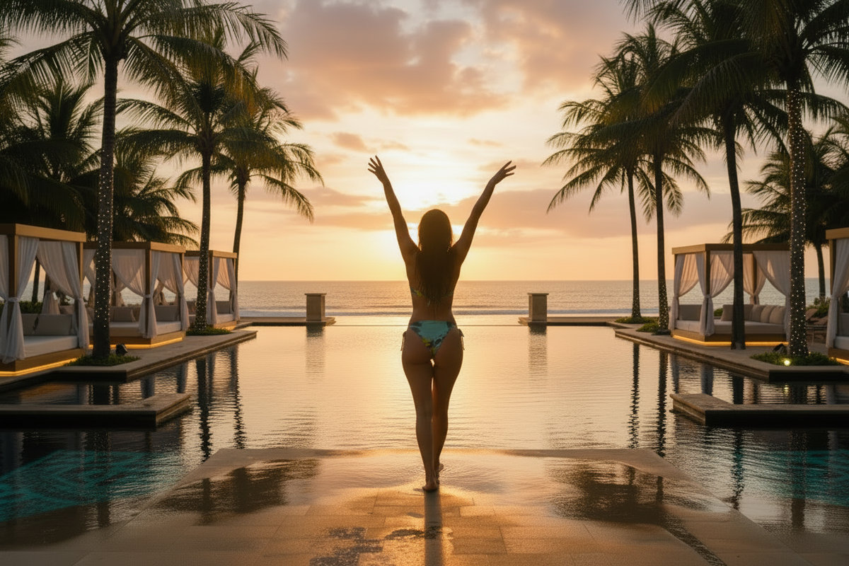 Model stretching at resort pool